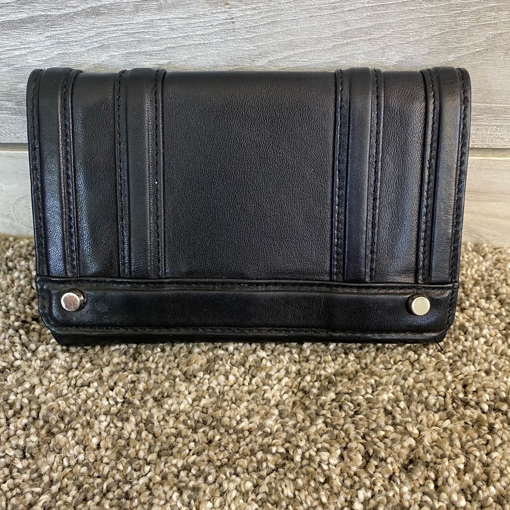 Perlina Black Leather Trifold Ladies Wallet Clutch